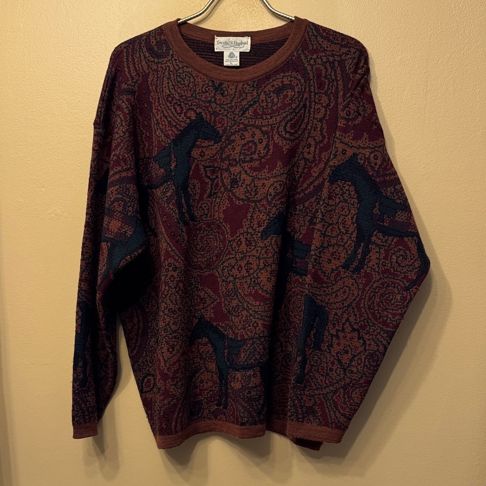 Vintage Tricots St. Raphael Burgundy and Navy Equestrian Paisley Wool Sweater